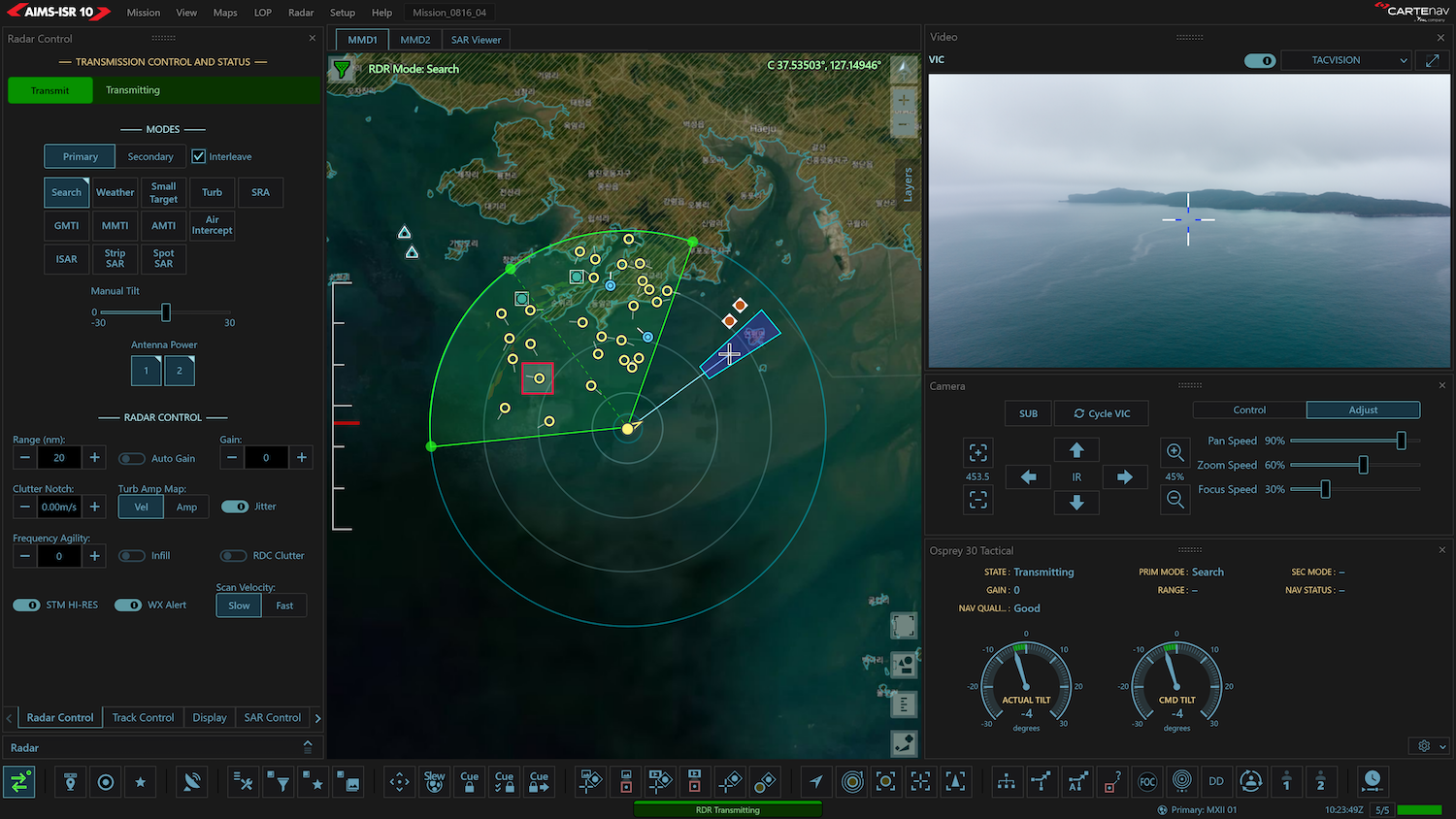 A screenshot of AIMS-ISR mission software interacting with the radar and and EO/IR camera