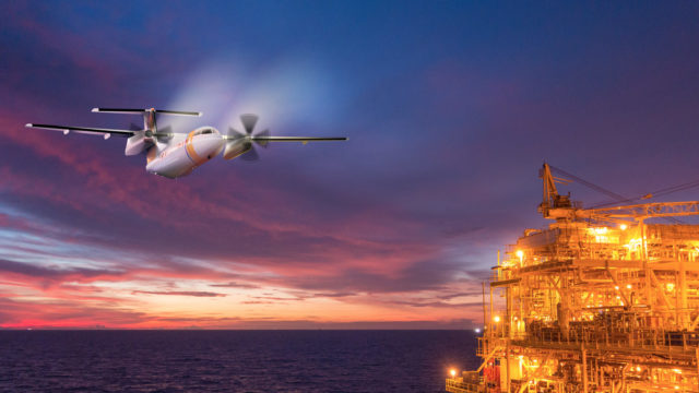 Illustration of Netherlands Coast Guard aircraft flying next to oil rig