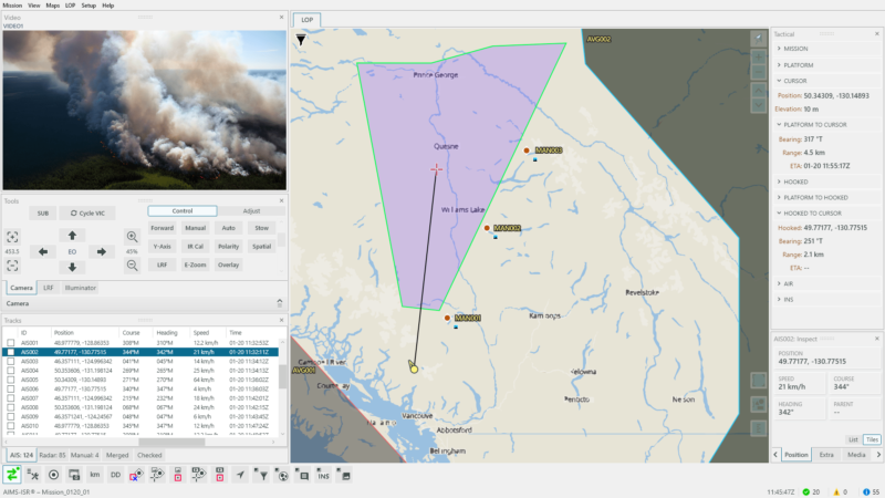 Screenshot showing an EO/IR feed of a forest fire overlaid on a moving maps display