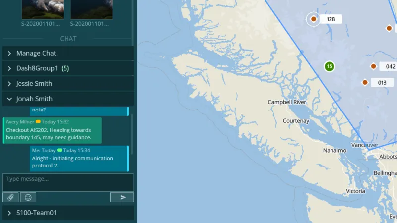 Screenshot showing instant messaging chat between fire fighting crews and operation centres on the ground