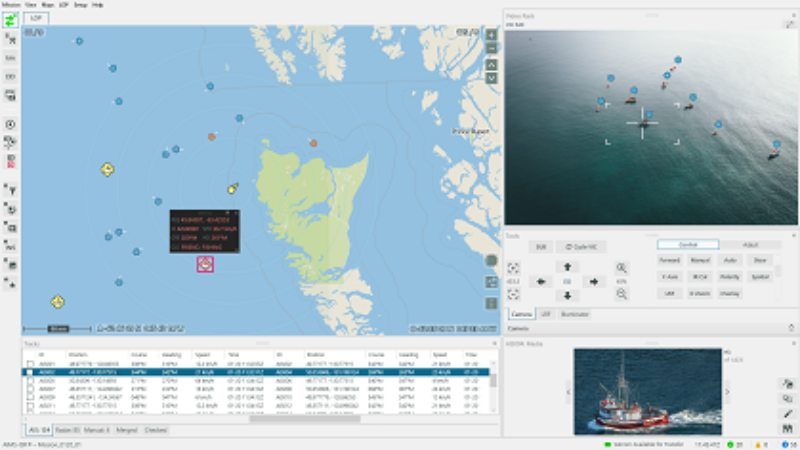 Screenshot showing vessels identified by AIS overlays on the moving map and EO/IR feed