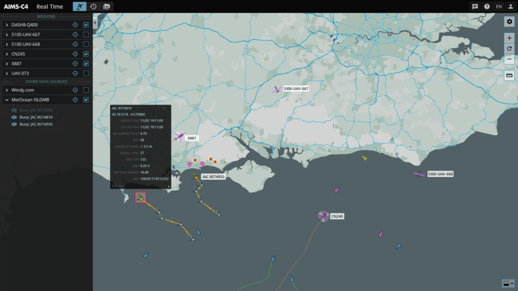 Screenshot of AIMS-C4 showing MetOcean integration on the moving maps display