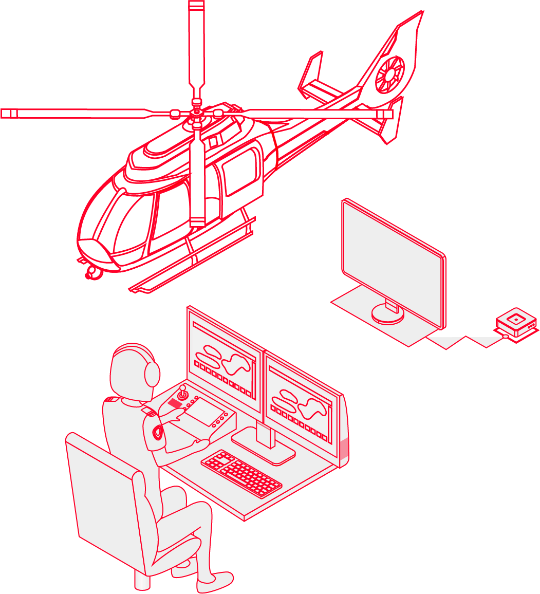 Illustration of a dispatch officer in the command and control centre monitoring airborne assets