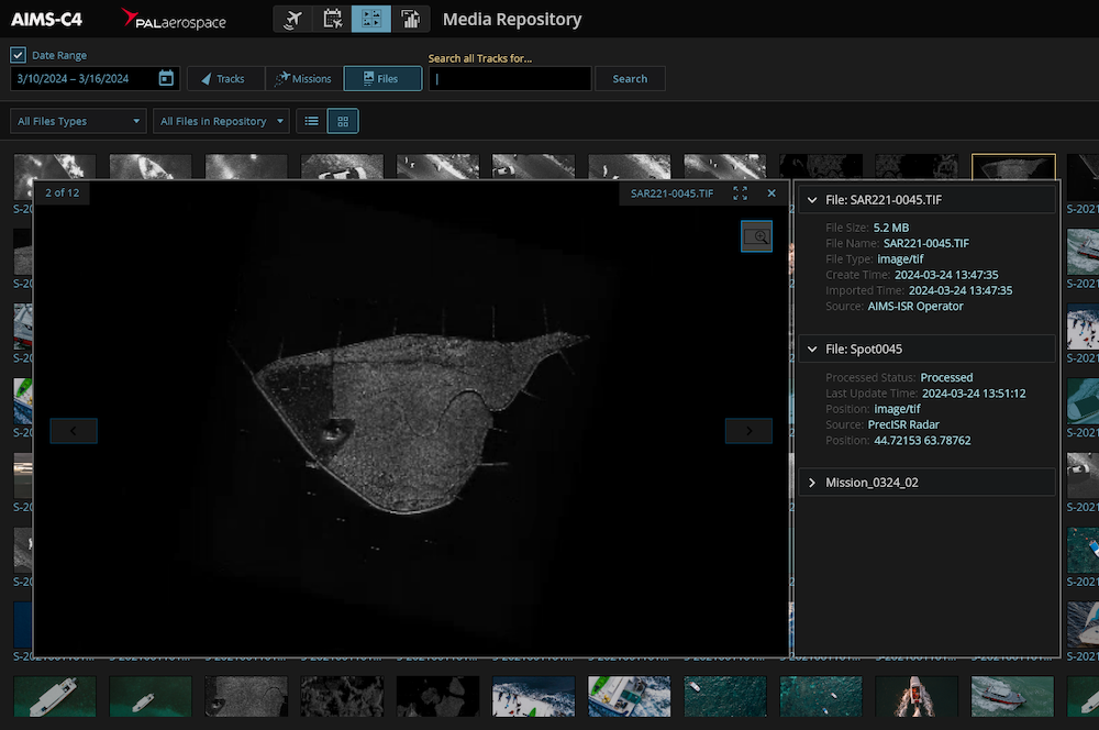 Screenshot of AIMS-C4 common operating picture data repository handling PrecISR radar data on the ground
