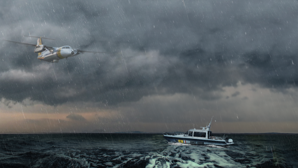 Art render of DCCG Dash 8-100 flying low over rough ocean with DCCG boat in foreground and stormy clouds on the horizon