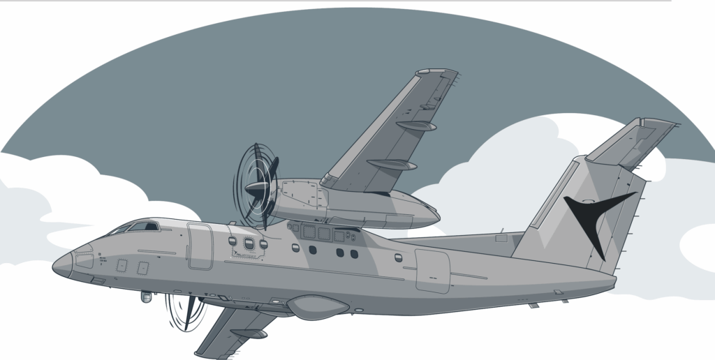 Illustration of a Dash 8 maritime patrol aircraft in flight above the clouds.